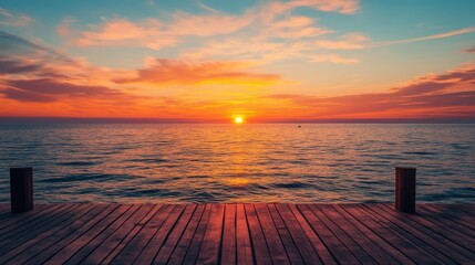 Vibrant sunset over calm ocean seen from wooden dock.