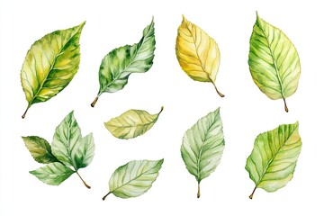 Obraz premium Set of watercolor Beech Leaves hand drawn on a white background