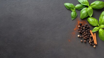 Naklejka premium Fresh herbs and spices on dark slate