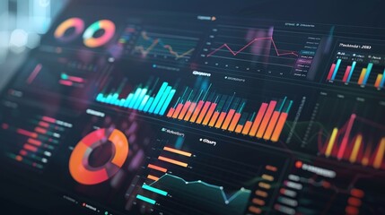 Digital Financial Analytics Dashboard with Vibrant Infographic Visualizations Showcasing Market Data Trends and Performance Indicators for Business Intelligence and Investment Decisions