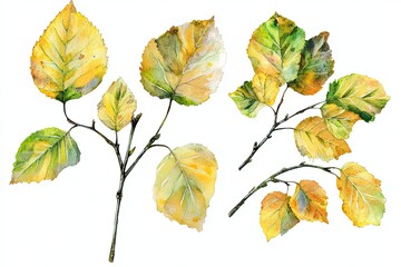 Obraz premium Set of watercolor Birch Leaves hand drawn on a white background