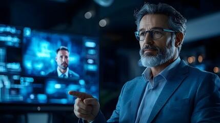 A financial analyst pointing at a graph showing the rise and fall of streaming service a large TV display of a popular show in the background providing data and insights for business decision making