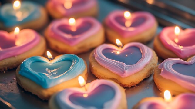 A batch of heart shaped biscuits with vibrant frosting with candles light decoration