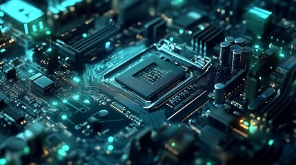 Fototapeta premium Detailed Motherboard View with Glowing Lights and Complex Circuitry