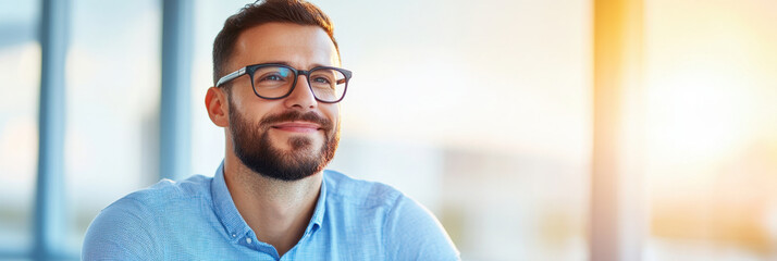 smiling man with glasses in bright office setting, exuding confidence and positivity. warm sunlight enhances cheerful atmosphere, creating inviting environment