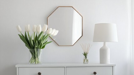 Minimalist White Interior Design with Tulips and a Lamp