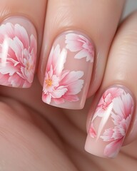 Spring Pink Nails with Elegant Watercolor Peonies.