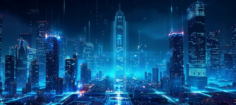 Virtual digital metropolis city buildings. Metaverse world. Generative video AI technology.	
