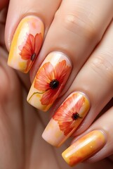 Spring Yellow Nails with Intricate Golden Floral Poppies.