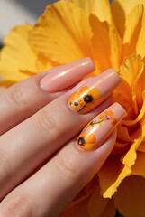 Radiant Yellow Nails with Detailed Floral Poppy Design.