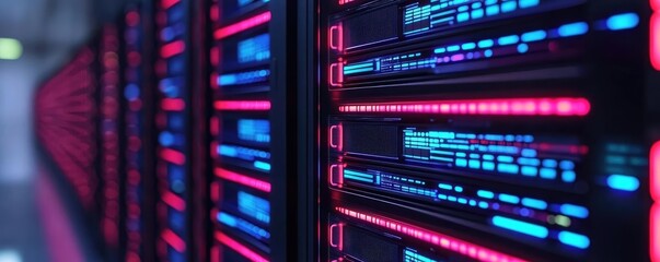 Naklejka premium Cybersecurity network security and data protection concept. Close-up view of modern data center servers with colorful lights.