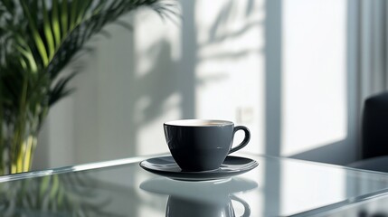 Elegant coffee cup on a glass table with plant shadows in the background
