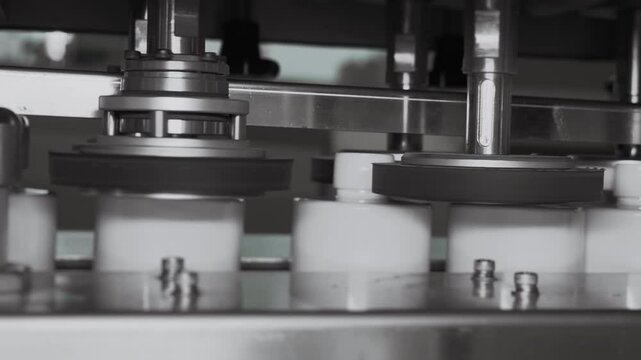 Capping machine screwing lids on cosmetic jars on automated packaging line.