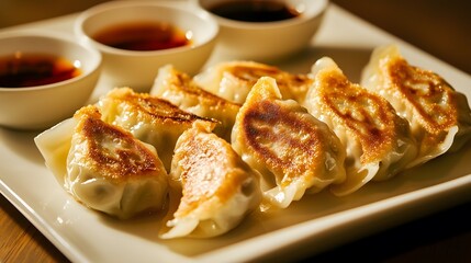 Golden Pan-Fried Dumplings with Dipping Sauces