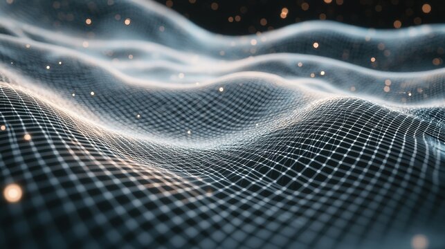 Surreal visualization of gravity waves intertwining with quantum particles, set against an abstract spacetime fabric background. Cosmic physics and theoretical science concept.