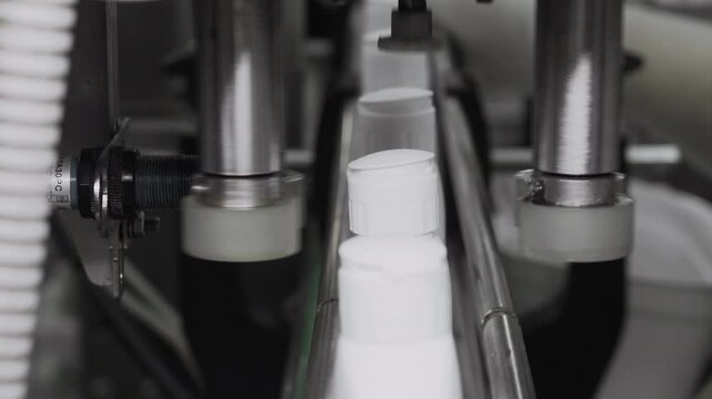 Cosmetic bottles moving on conveyor belt in automated packaging line.