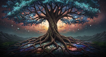 Majestic Tree of Life with Glowing Sky and Exposed Roots
