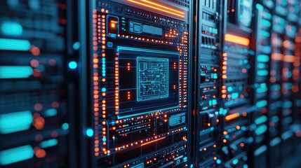 Fototapeta premium Cybersecurity database security in technology transfer concept. Close-up of illuminated server components in a data center.