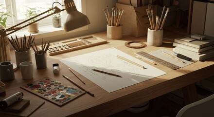 Cozy Artist Workspace with Art Supplies, Sunlit Wooden Desk for Creative Projects and Painting Inspiration