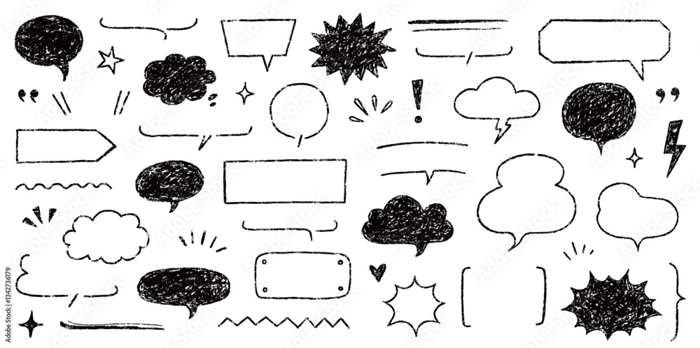 Poster Speech bubble text frame dialog cloud hand drawn set. Crayon chalk doodle talk speech bubble frame. Hand drawn line chalk frame, think balloon, children doodle text cloud icon. Vector illustration.