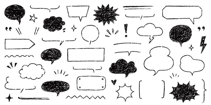 Speech bubble text frame dialog cloud hand drawn set. Crayon chalk doodle talk speech bubble frame. Hand drawn line chalk frame, think balloon, children doodle text cloud icon. Vector illustration.
