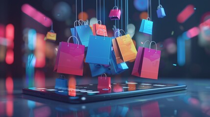 Digital shopping bags and shopping cart icons hanging above a smartphone screen representing online shopping e commerce retail discounts and promotional sales opportunities