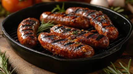 Fototapeta premium Sizzling sausages, adorned with grill marks, sizzle in a hot, cast iron grill pan, their enticing aroma mingling with the smoky air, promising a delicious and satisfying meal.