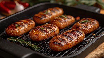 Sizzling sausages, glistening with a golden brown crust, lay in a hot grill pan, ready for a delightful summer meal.