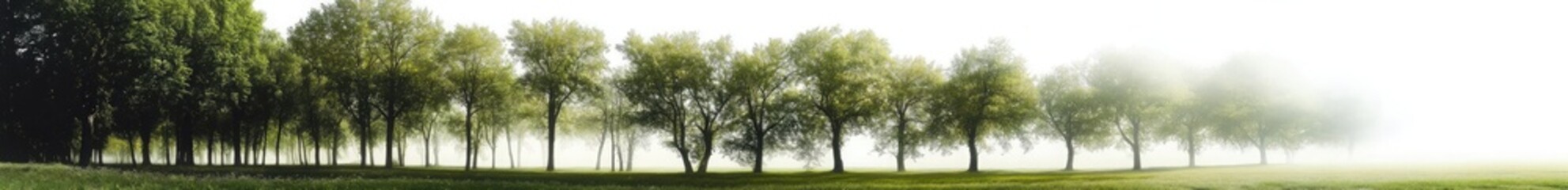 Fototapeta premium A forest of trees on the left side, a green meadow in the front, a white background