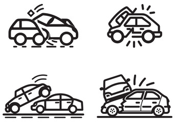 Two cars collide traffic accident black outline icon white background design.