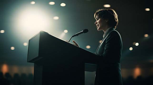 Confident woman speaking passionately at a podium in front of an engaged audience during a dynamic public speaking event or conference.