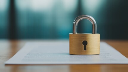 Fototapeta premium A trade policy document lying on a desk, with a heavy locked padlock placed on top, symbolizing trade limitations and regulatory restrictions.