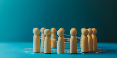 Wooden Figurines Depicting Collaboration And Connection On A Teal Backgrounds Featuring Abstract Shapes And Forms Representing Unity In A Business Concept With Creative Design