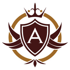 Gold heraldic shield vector design featuring royal emblems and star insignia