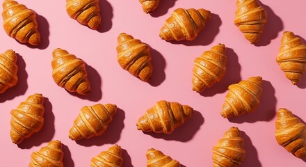 Golden Croissants Patterned Delightful Pink Background. AI Generated
