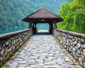 Obraz premium Stone and timber bridge with a covered roof, crossing a narrow river, leading to a remote rural village