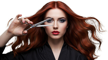Obraz premium Stunning Redhead Woman with Long Wavy Hair Holding Hairdressing Scissors