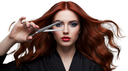 Stunning Redhead Woman with Long Wavy Hair Holding Hairdressing Scissors