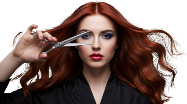 Stunning Redhead Woman with Long Wavy Hair Holding Hairdressing Scissors