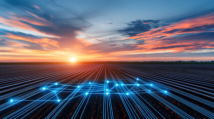 Transformative sunrise over connected fields agricultural landscape digital technology rural serenity aerial perspective