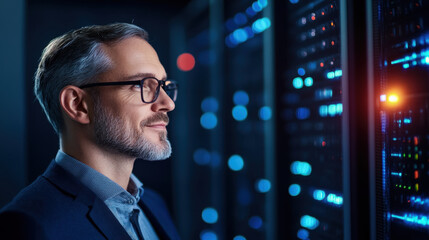 focused man in glasses stands near server rack, observing data lights with thoughtful expression. environment is high tech and modern, reflecting professional atmosphere