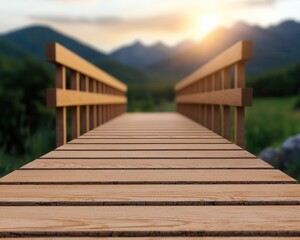 Obraz premium Wooden trestle bridge stretching across a valley, connecting two agricultural hills in a rural setting