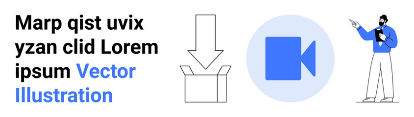 Illustration of a box, download arrow, video icon, and a presenter pointing to text. Ideal for technology, education, tutorials, presentations, e-learning communication and simple landing page