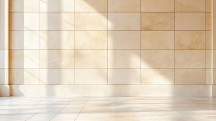 bright and spacious stone hall with light streaming through large windows, creating beautiful shadows on walls and floor. warm tones of stone enhance inviting atmosphere