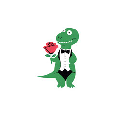 Fototapeta premium Dinosaur with Rose Vector: Cute Dino Illustration Holding Flower for Sweet Designs
