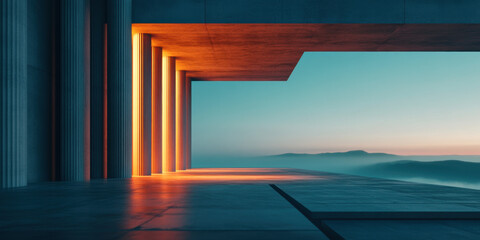 modern architectural space featuring monolithic concrete structures, illuminated by warm light, with serene landscape view in background