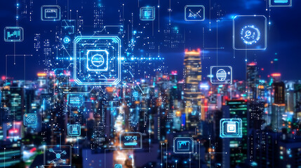 Digital innovation and technology integration urban cityscape graphic design nighttime aerial view modern concepts