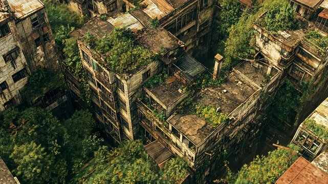 Nature Reclaiming the City: An Aerial View of Overgrown Urban Ruins