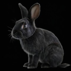 Fototapeta premium Curious black rabbit sitting on all fours, facing left with large ears and round eyes in digital illustration.