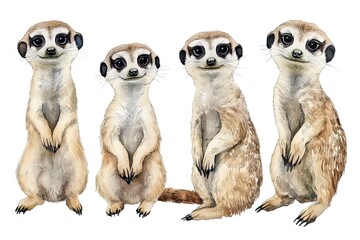 Set of watercolor charming meerkats hand drawn on a white background